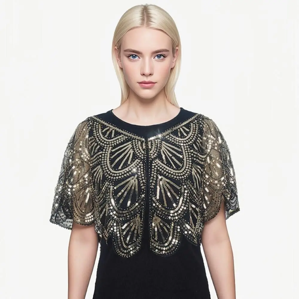 Sparkling Ruffle Sequins Poncho Coat Mesh 1920s Theme Short Cape Multicolor Short Cape Sequins Shawls Outerwear
