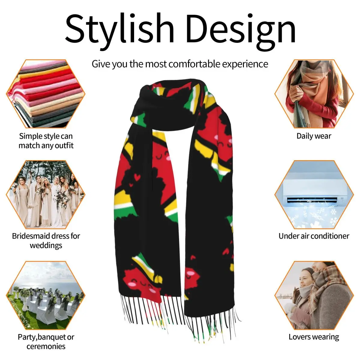 غيانا العلم خريطة ابتسامة مع الحب وشاح شرابة الأوشحة للنساء شالات دافئة لينة ويلتف كبير الخريف الشتاء شال التفاف