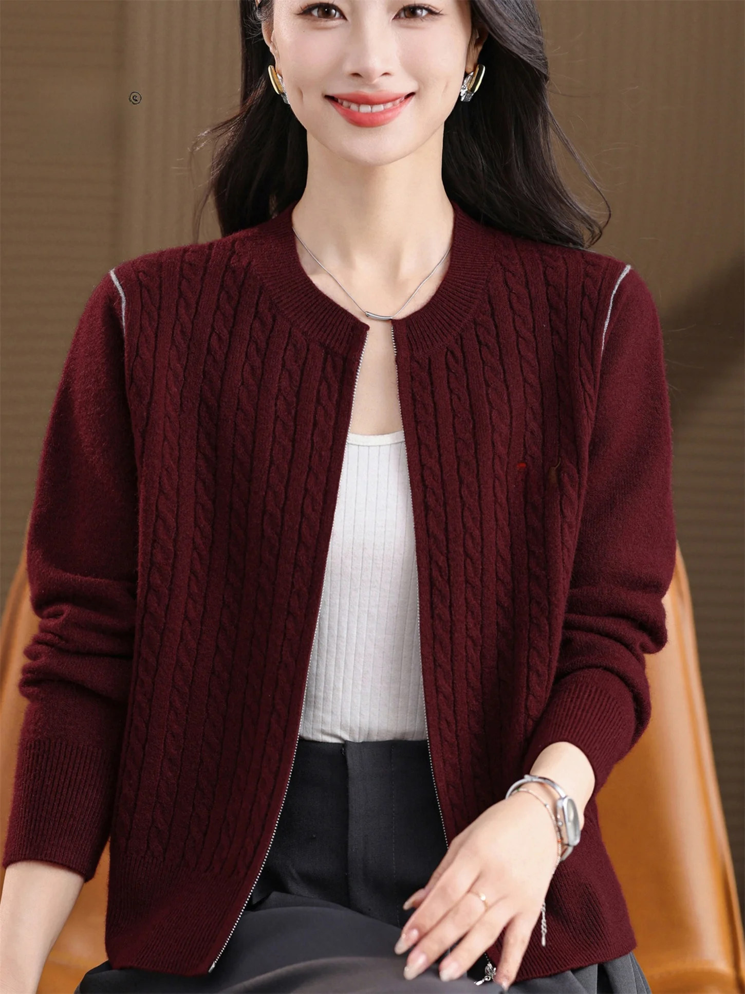 

Весенне-осенний вязаный свитер на молнии, пальто, женский модный свободный крой, круглый вязаный кардиган, топ для мам среднего возраста