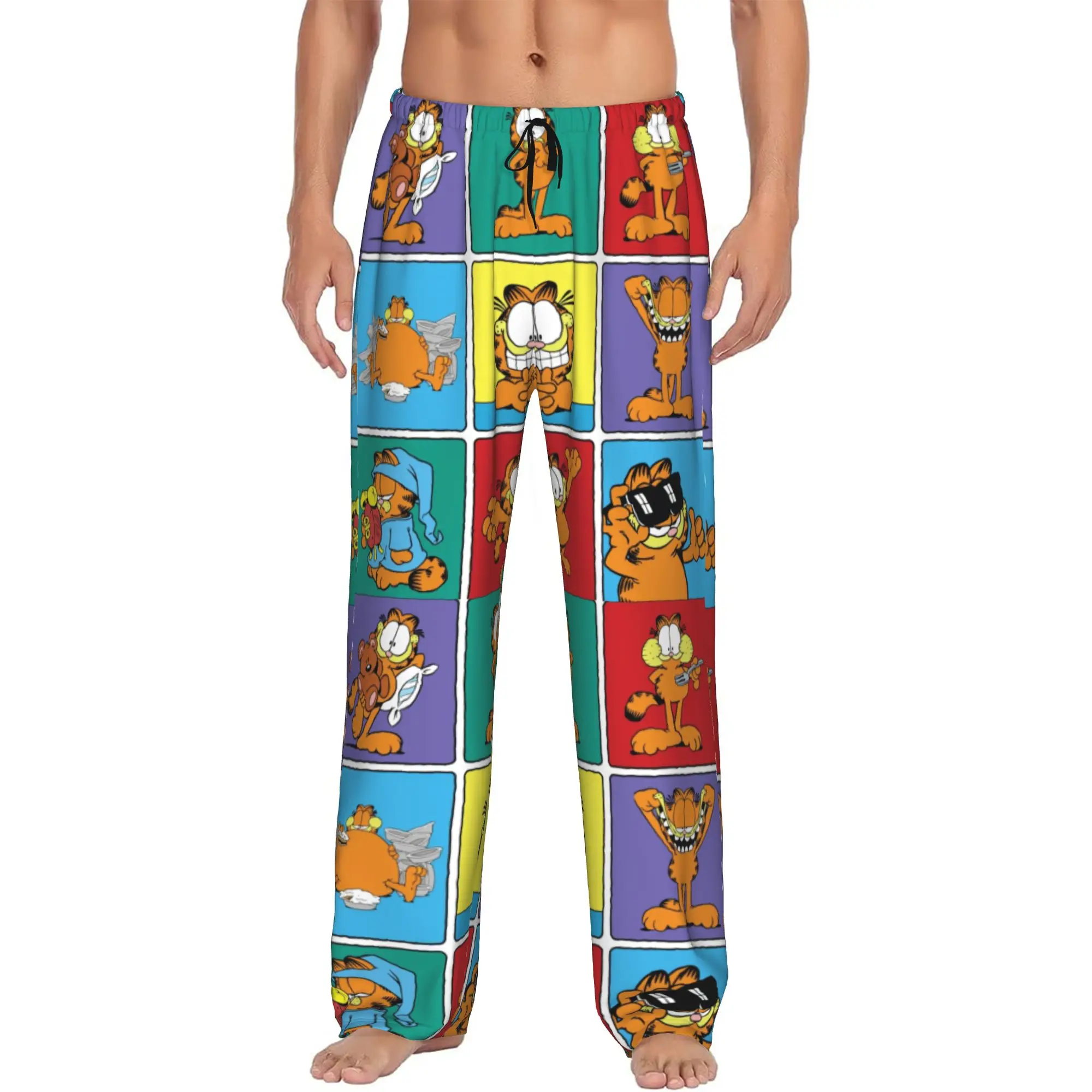 Custom Cat Cartoon Pajama Pants for Men Comic Strip Manga Lounge Sleep Drawstring Sleepwear Bottoms with Pockets