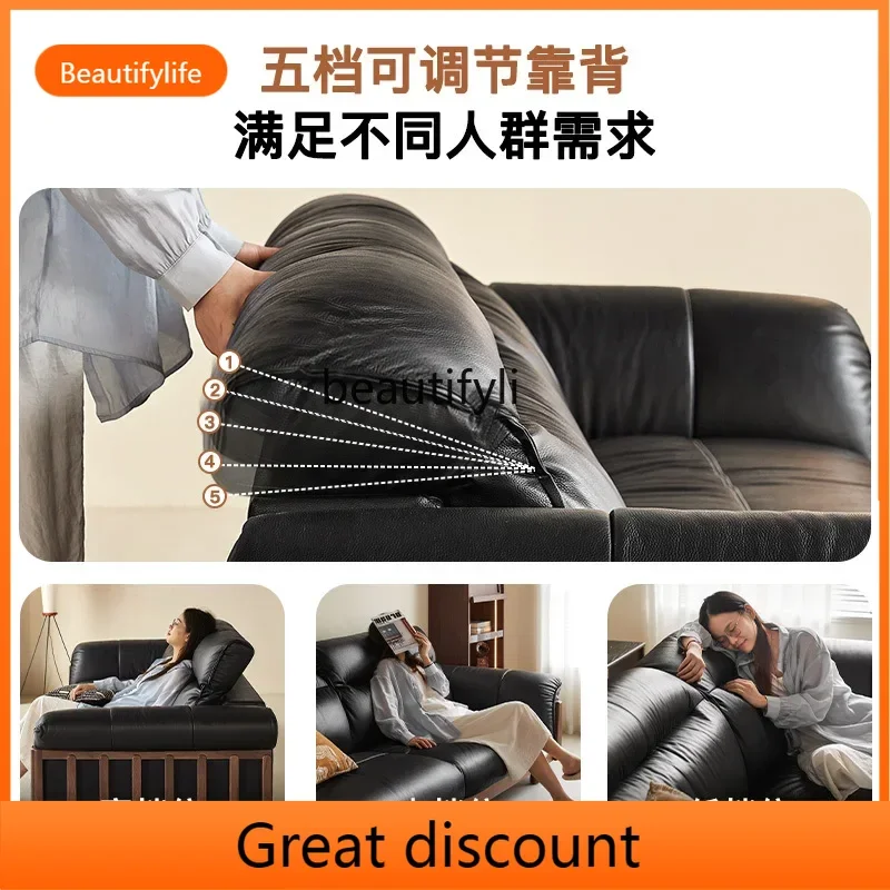 

M45 Q Solid wood sofa living room black first layer leather, straight row adjustment sofa