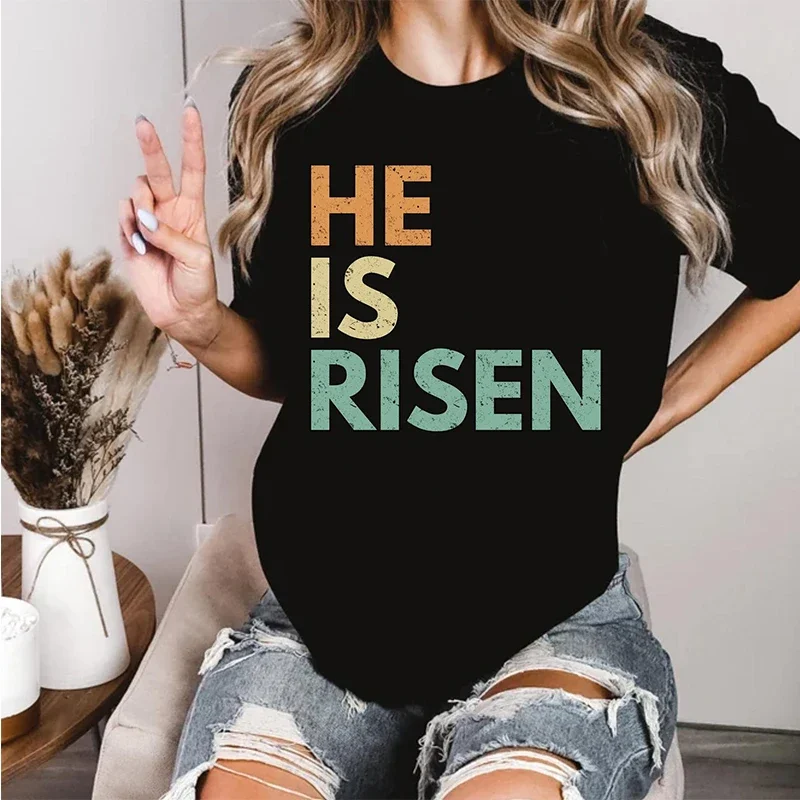 He Is Risen Retro Letter Print Inspirational Graphic T Shirts Women Harajuku Fashion O Neck Tshirt Causal Vintage Clothes