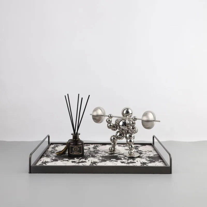 Square Handheld Metal Tray, Splashed Ink Art Leather Decorative Aromatherapy Storage Tray, Organizer, Living Room Decoration