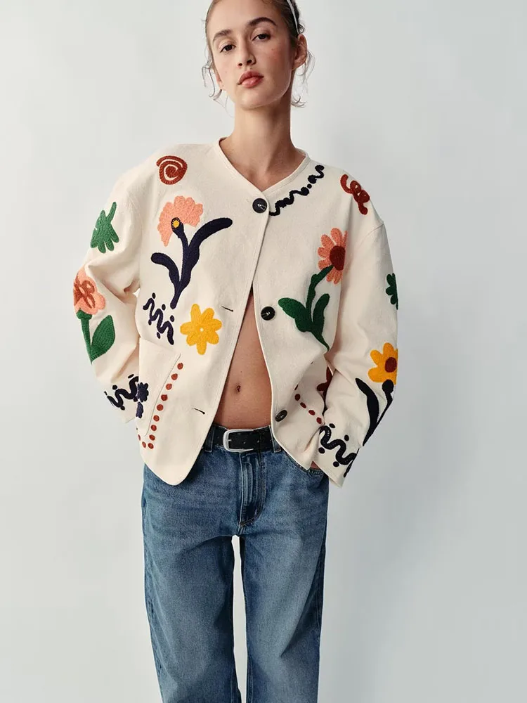 Fashionable Long Sleeve Floral Embroidery Jacket Outerwear for Women New Arrival Autumn Season Elegant Versatile round Neck