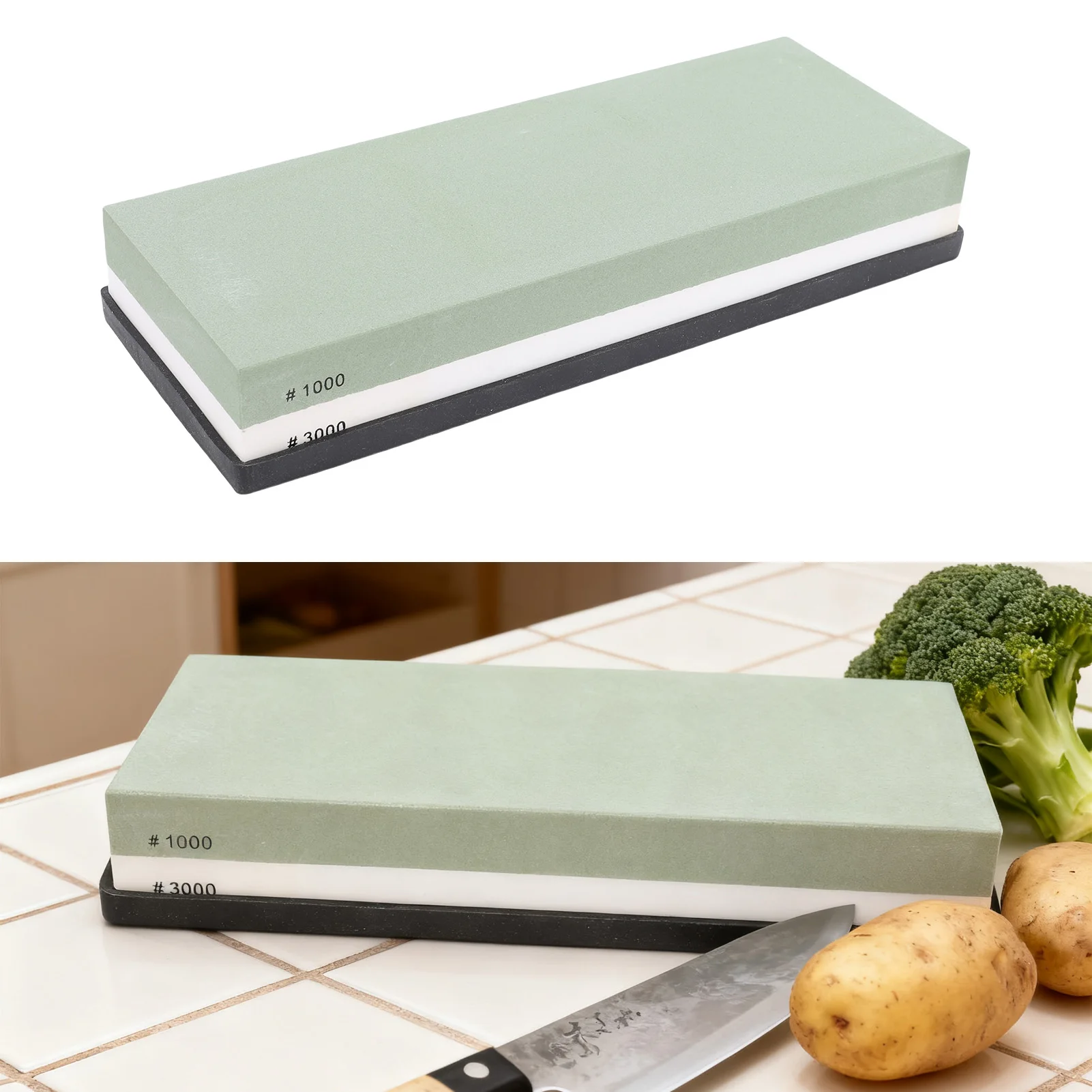 حجر شحذ مزدوج الجوانب 1000 3000 حبيبة المشحذ مع قاعدة مضادة للانزلاق لمقص الأزاميل محاور حجر شحذ أخضر وأبيض #4