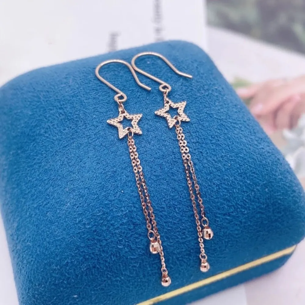 

Real Pure 18K Rose Gold Dangle Women Lucky O Link Chain Bead Carved Star Tassel Earrings