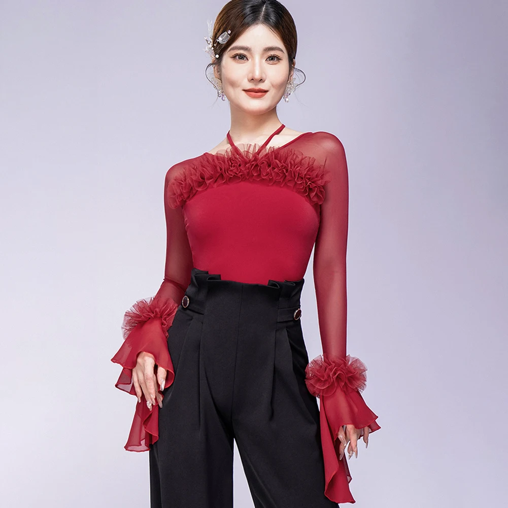 الفالس قاعة الرقص الأعلى الزنجفر الأحمر المرأة الجديدة الرقص بذلة طويلة الأكمام الليتشي مسحوق أسود قاعة الرقص ضيق مشد الخامس الرقبة #3