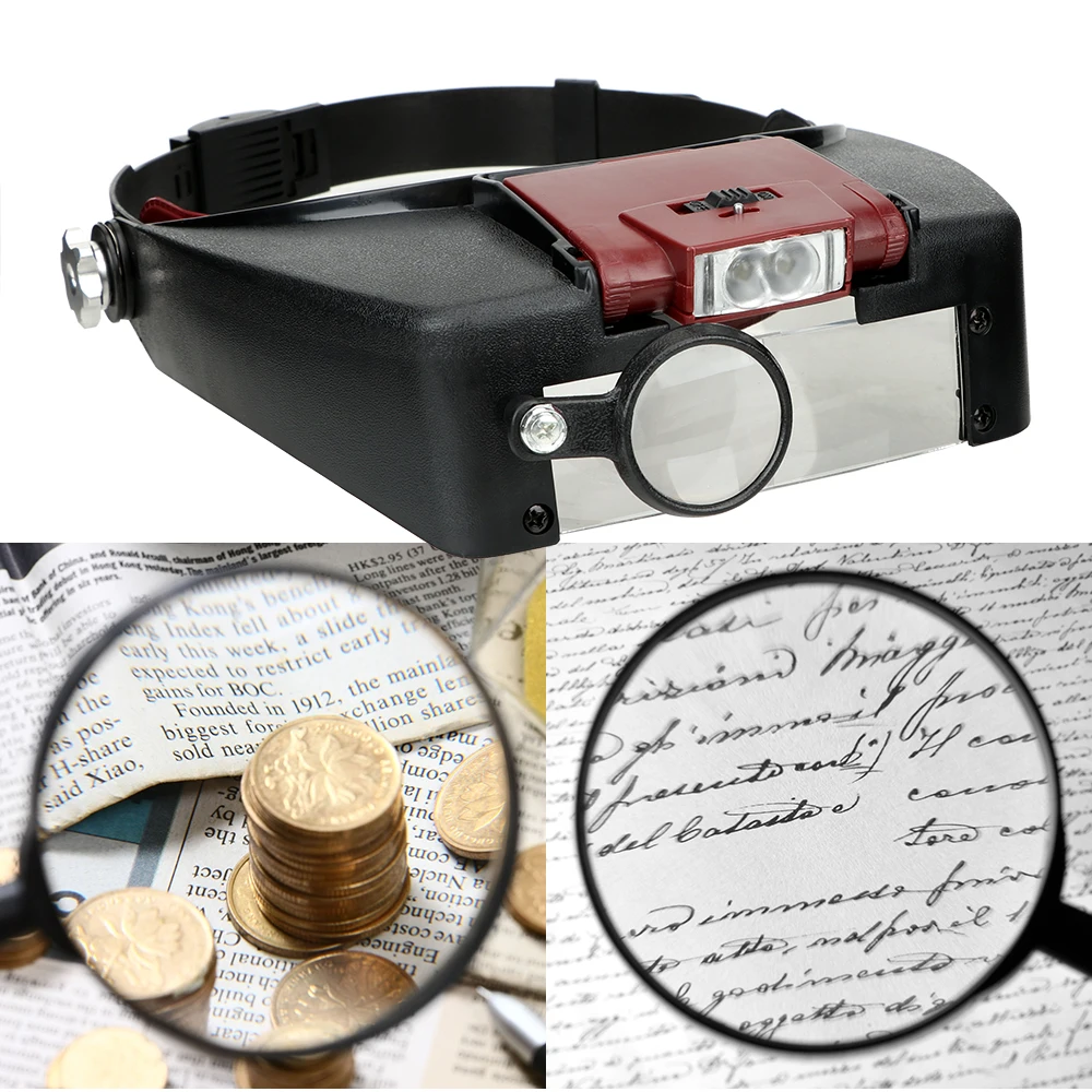 Headband Magnifier for Jeweler 1.5x 3x 8.5x 10x Watch Repair Tool with LED Light Magnifying Glass