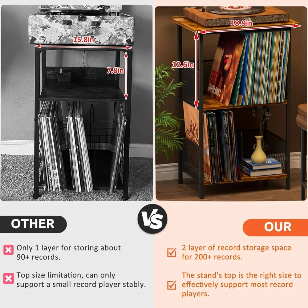 حامل مشغل التسجيل حتى 200 ألبومًا، طاولة تخزين من الفينيل مع سطح مكتب خشبي ممتد، حامل مشغل تسجيل للألبومات، فينيل S