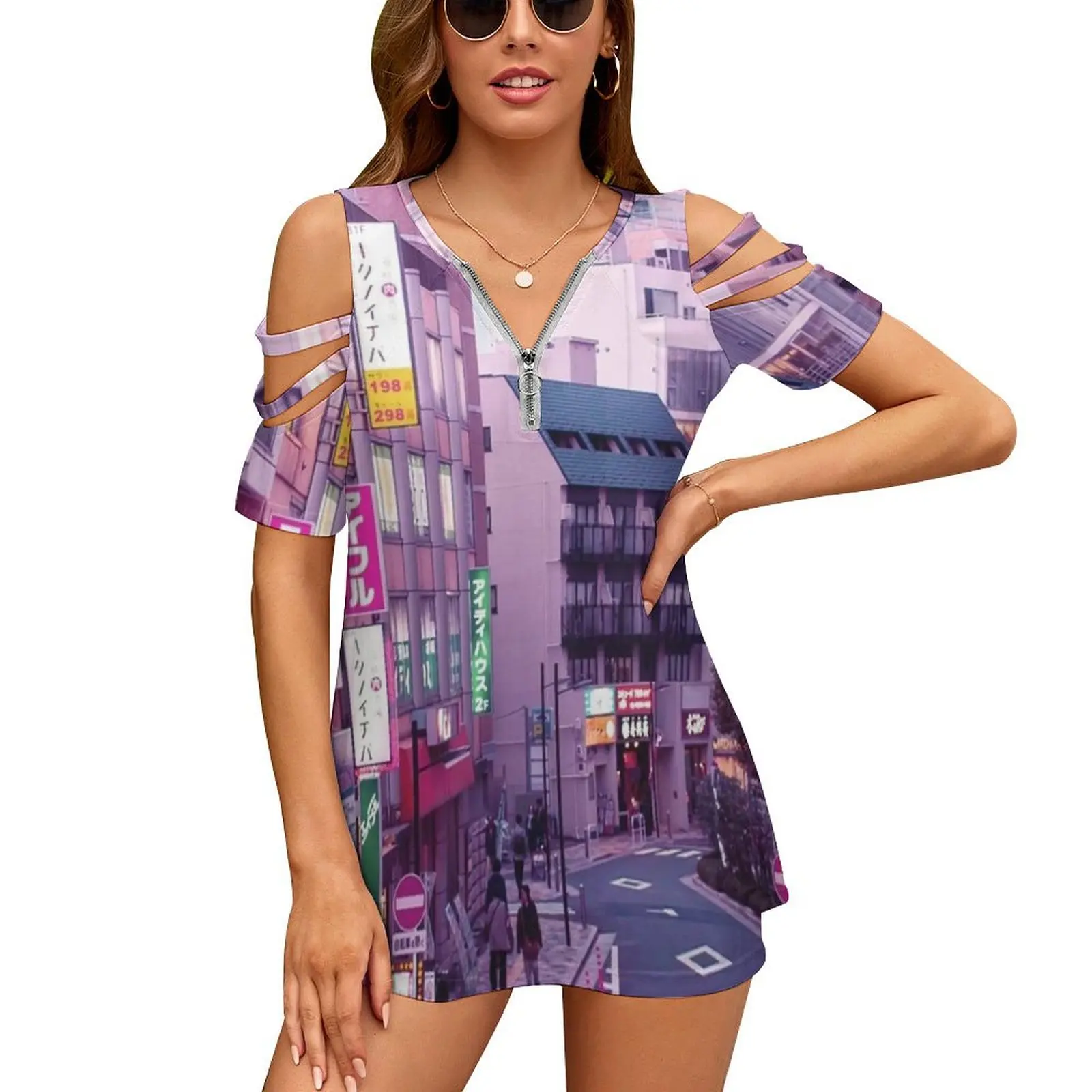 Pink City Pop Aesthetic Tokyo Japan Poster Vaporwave Lofi New Fashion Zip Off Shoulder Top Short-Sleeve Women Shirt Skies Pink