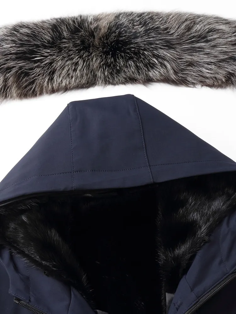 เสื้อโค้ทขนสัตว์แท้ AYUNSUE สำหรับผู้ชาย เสื้อพาร์กาฤดูหนาว ซับในขนมิงค์ถอดออกได้ แจ็คเก็ตมีฮู้ด ปกขนสุนัขจิ้งจอก ความยาวปานกลาง เสื้อโค้ทอุ่น