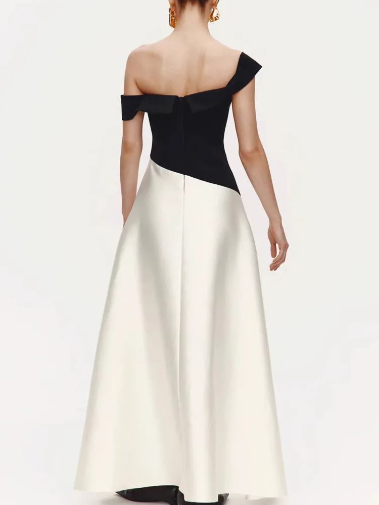 QMQA Mode Dames High-end Kleurblokkerende Satijnen Avondjurk Elegante Slanke Avondfeestjurk 2026 Vrouwelijke Nieuwe Kleding M1045