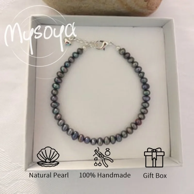 

MYSOYA черный браслет из пресноводного жемчуга 5-6 мм с подарочной коробкой для нее/им идеальные подарки на день рождения/свадьбу/Рождество/Новый год