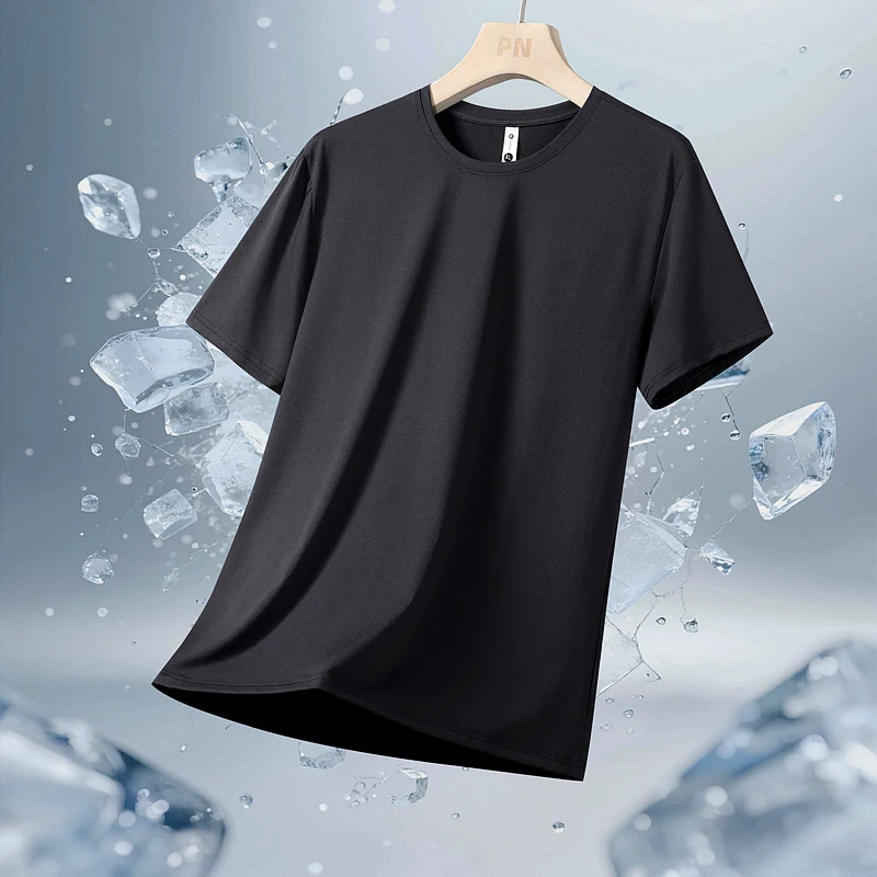 Men Outdoor Fishing Casual Sweat Absorbing Quick Drying Ice Silk T-shirt Summer Lightweight Breathable Elastic Slim Fit T-shirt