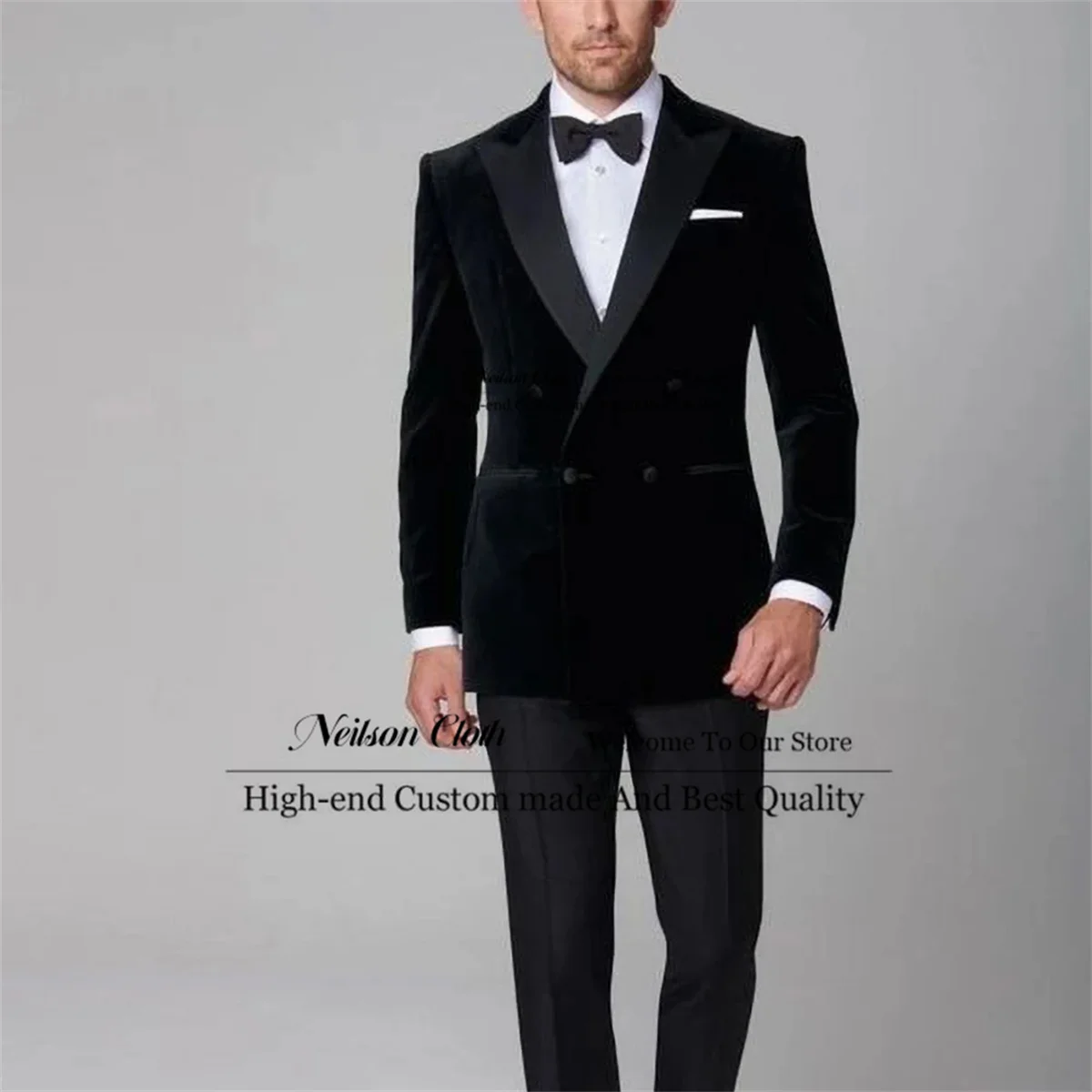 

Black Double Breasted Men Suits 2 Pieces Sets Peaked Lapel Male Prom Blazers For Wedding Groomsmen Slim Fit Costume Homme