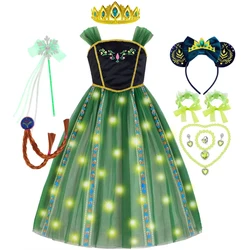 Anna Kids Princess Cosplay Costume Fancy Green LED Light Flashing Birthday Party Gowns Dress Girl Carnival Outfits