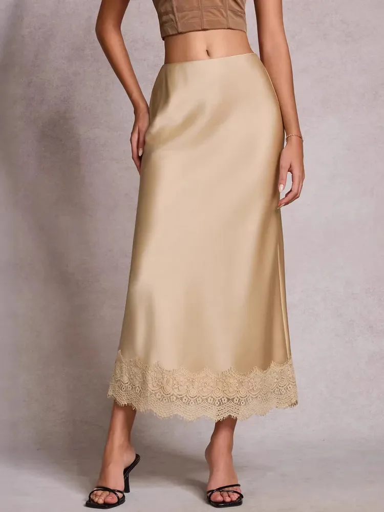 

2026 Spring Summer Women's Elegant Bodycon Lace Patchwork Satin High Waist Fashion Long Skirt