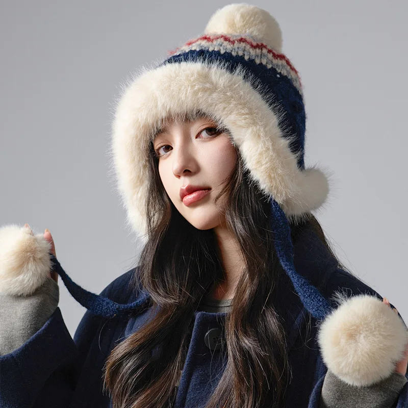 Thickened and Lined Warm Lei Feng Hats for Women New Autumn Winter Styles Ethnic-inspired Knitted Hats for Travel Cotton Beanies