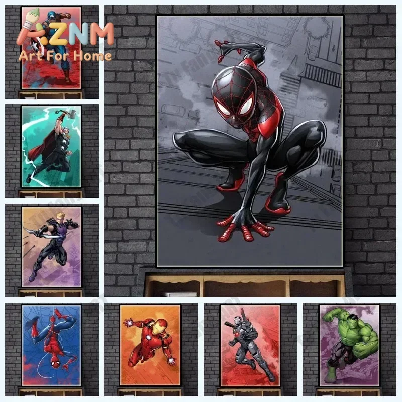 AZNM Marvel Canvas Wall Art Frameless Poster Miles Morales Spider-Man Iron Man Hulk Thor Captain America Comic Print Room Decor
