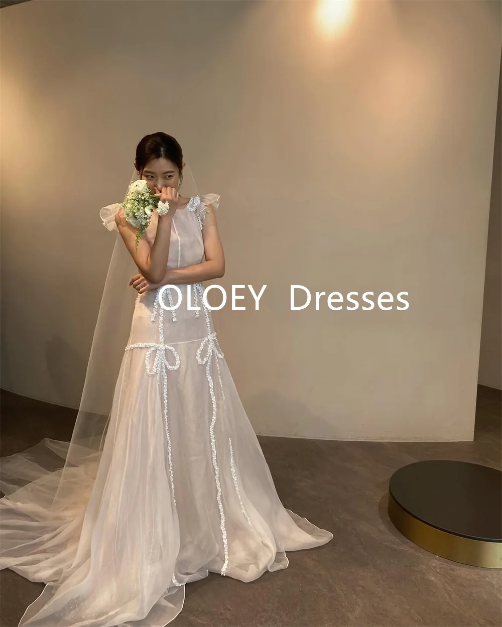 OLOEY Elegant A Line Wedding Dresses Korea Photoshoot O Neck Sleeveless Bridal Gowns Customized Floor Length Pleats Ruffles