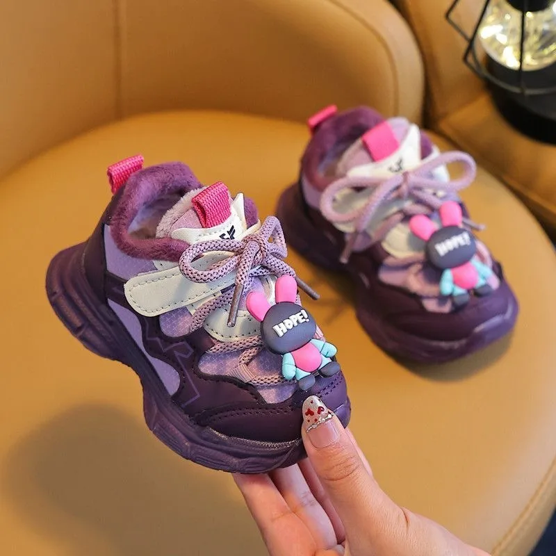 Fleece Lined Thickened Girls' Baby Winter Leather Upper Infant Toddler Learning Walking Sports Shoes for 1-3 Years Old