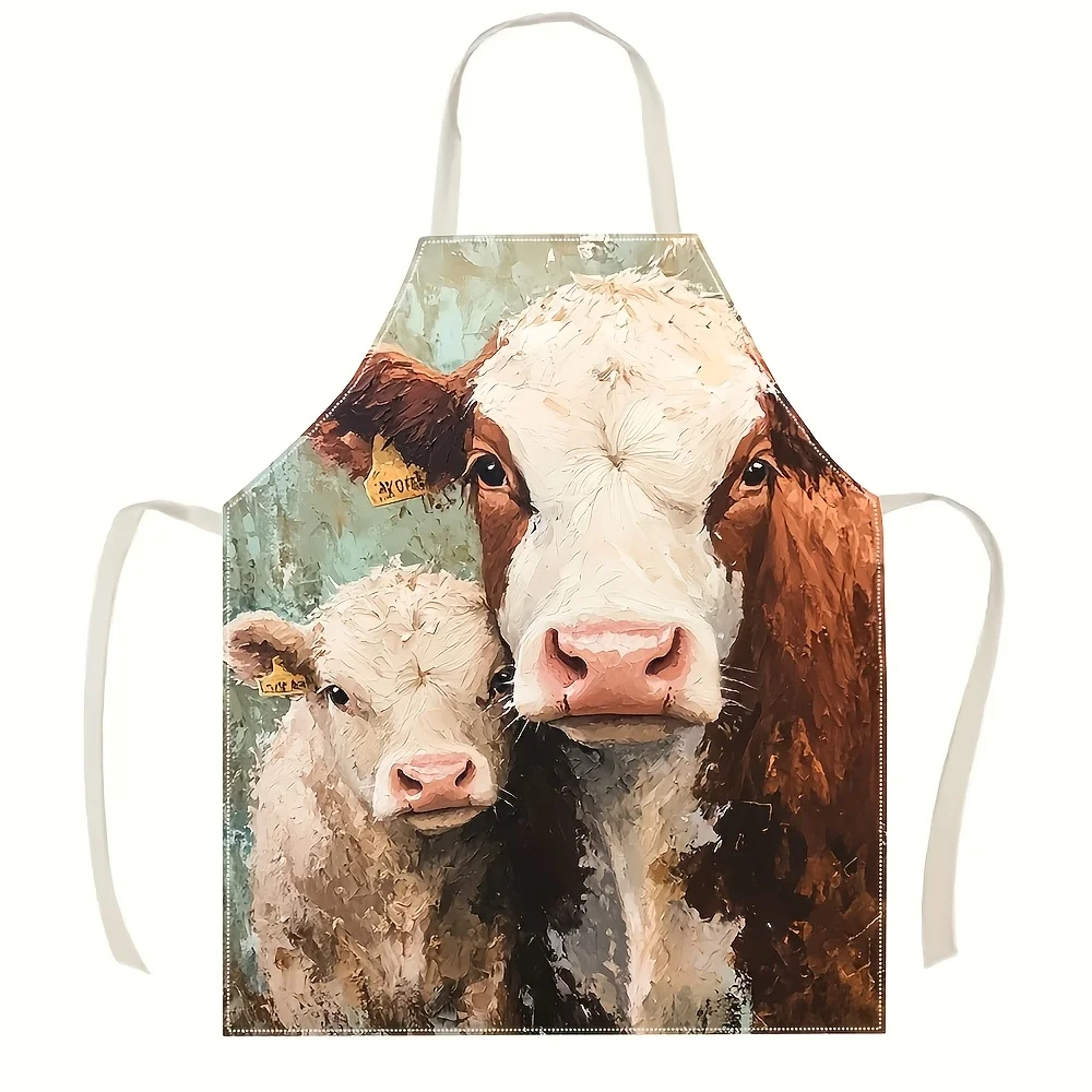 Cute Cow Portrait Kitchen Apron Reusable Polyester Apron for Cooking Baking BBQ Farm Animal Lover Gift