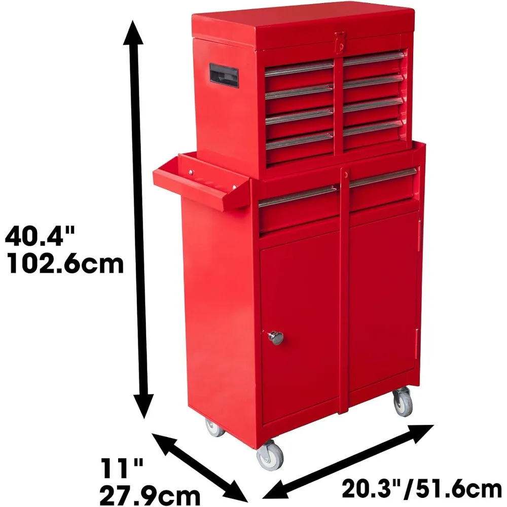 Rolling Garage Workshop Tool Organizer: Detachable 4 Drawer Tool Chest with Large Storage Cabinet and Adjustable Shelf, Red