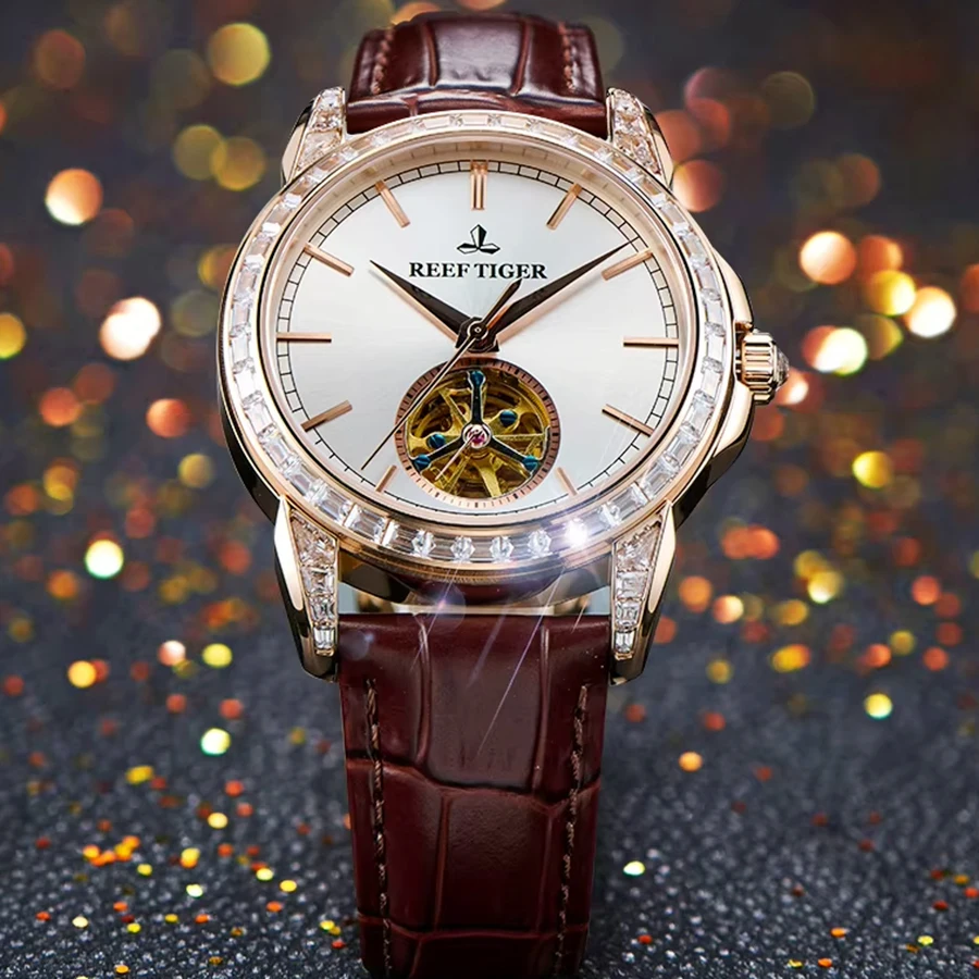 Reef Tiger Luxury Men Automatic Mechanical Watch, Skeleton Flywheel Dial Wristwatch,  Crystal Bezel, Sapphire Crystal Mirror