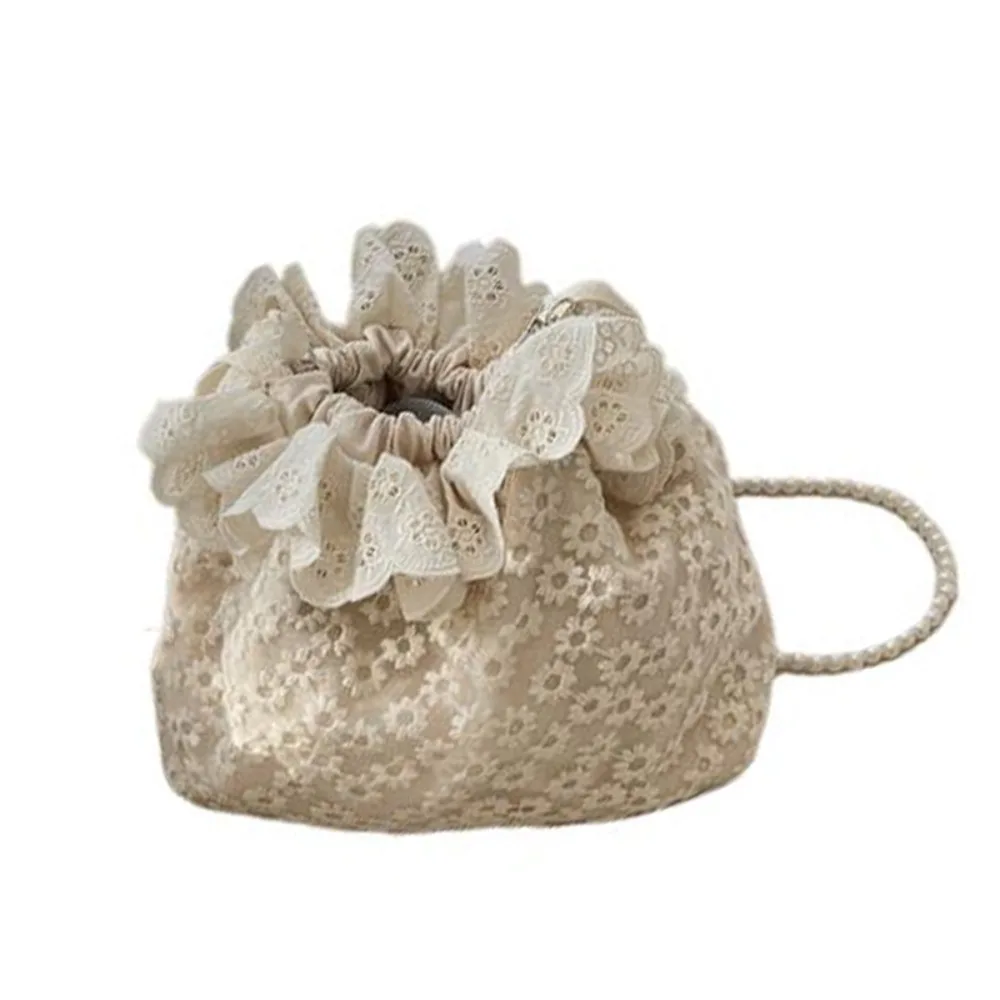 

Casual Korean Style Drawstring Lace Flower Bag Pearls Chain Printing Small Crossbody Bag Portable Sweet Bundle Pocket Outdoor