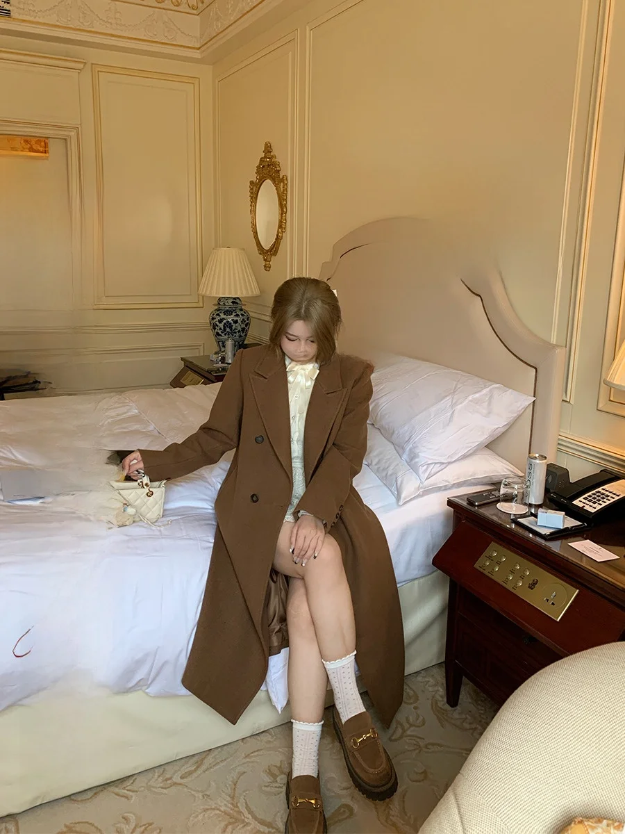 

Двубортное шерстяное пальто Annie с подкладкой на плечах, женское пальто больших размеров средней длины, корейская верхняя одежда прямого кроя для поездок на работу