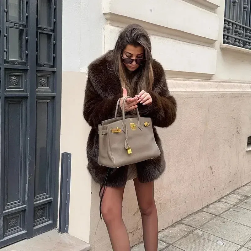 New Medium Length Faux Fur Turn Down Collar Eco Friendly Plush Coat Women Warmth Temperament Upper Garment