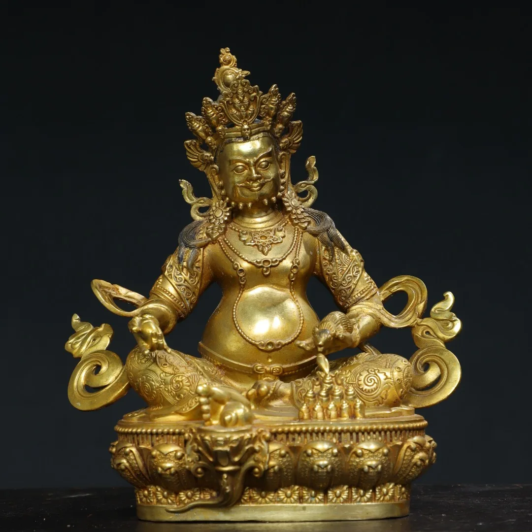 

8"Tibetan Temple Collection Old Bronze Gilded Cinnabar Yellow Jambhal Buddha Yellow God of Wealth Worship Hall Town house