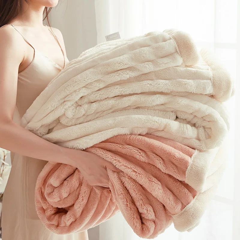 

Warm Jade Rabbit Fleece Blanket Thick Lamb Fleece Double Layer Soft Solid Color Winter Throw Cozy Bed Sofa Leisure Blanket Home