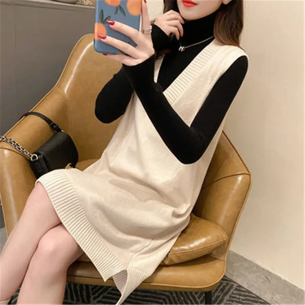 Long Vest Autumn Winter Sleeveless Knitted Sweater Dress Women Vest Dress Women Ladies Pullovers Female Outerwear Pull Femme