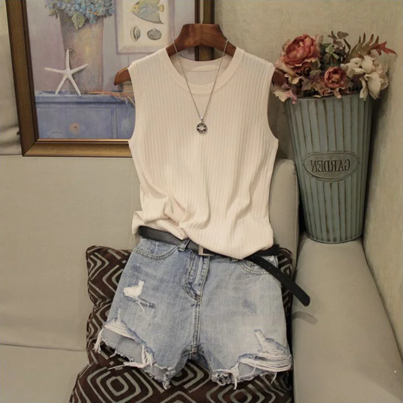 woman Black Tanks ice silk knitted camisole vest women's summer 2026 threaded sleeveless top inner outer wear Camis Tees Tops