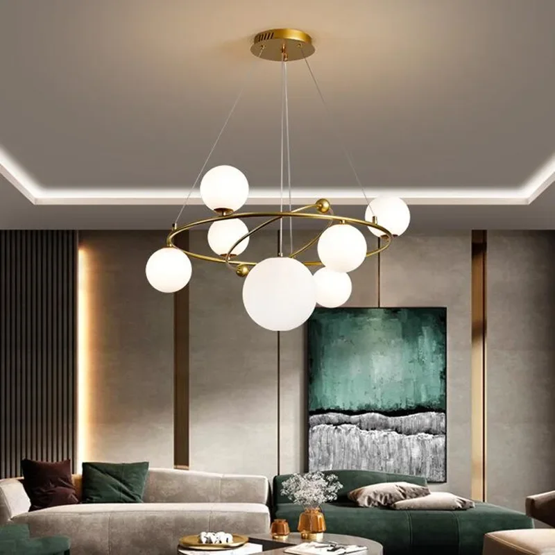 Imagem -04 - Modern Nordic Led Chandelier Lâmpada Pingente Golden Round Ring Sala de Estar Cozinha Jantar Quarto Bola de Vidro Pendurado Luz