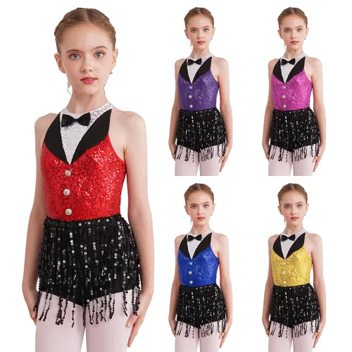Imagen 2 del producto Leotardo de Jazz latino con borlas y lentejuelas brillantes para niñas, traje de competición de baile, mono de actuación, Ropa de baile de Rumba Cha