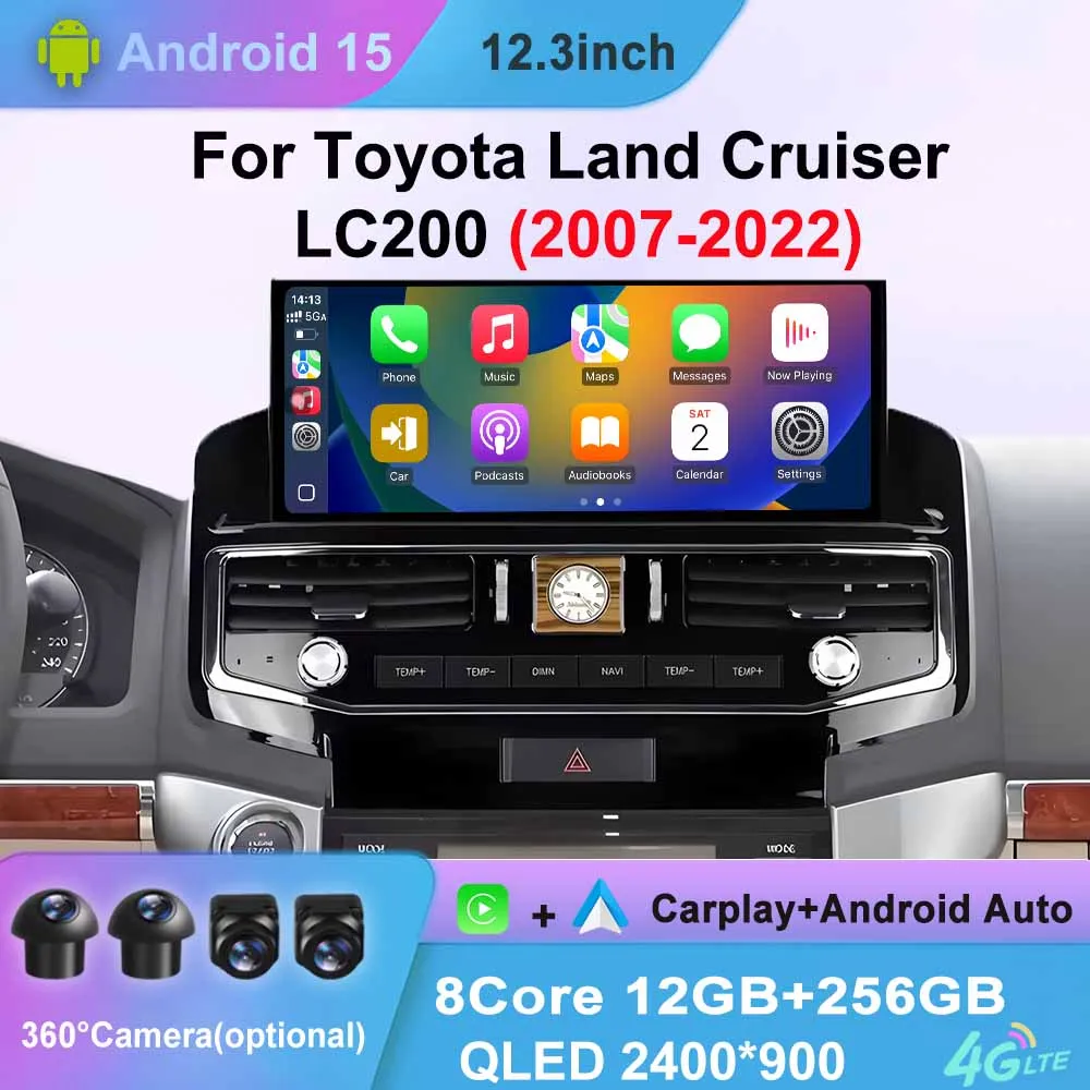 12,3-Zoll-Touchscreen, kabellos, CarPlay-Navigation, GPS-Autoradio für Toyota Land Cruiser LC200 2007–2022, Android 15 BT QLED, 2400 x 900 P