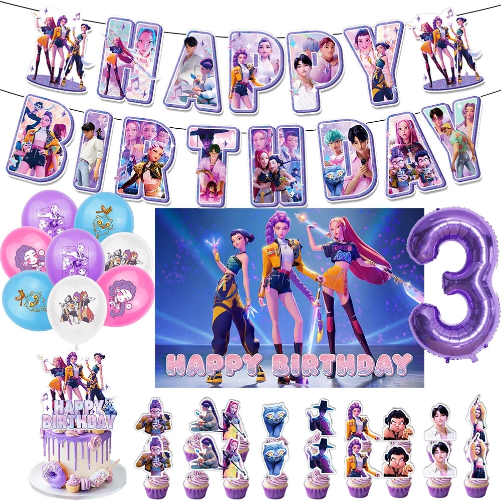 

D-Demon H-Hunters Birthday Decoration Set Banner Cake Decoration Balloons Korean Kpop Anime Party Children Baby Shower Supplies