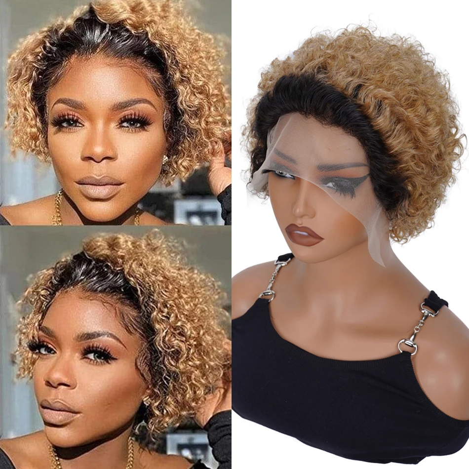 1B/27 オンブレブロンドピクシーカーリーレースフロント人毛6インチ13x1ピクシーカットショートカーリーウィッグ透明レースフロントウィッグ