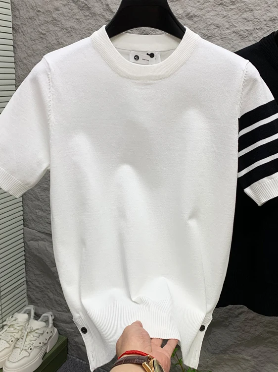 

New 2025 Men's Ice Silk Knitted ort Sve Loose Fit Thin Design Super Breathable Simple Stripe Knitwear Summer Casual Top