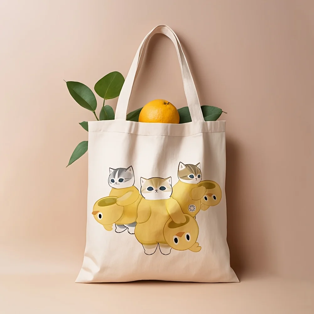 Adorable Cat Canvas Tote Bag Reusable Leak Proof Grocery Shopping Bags with Playful Kitten Design Perfect for Daily Use