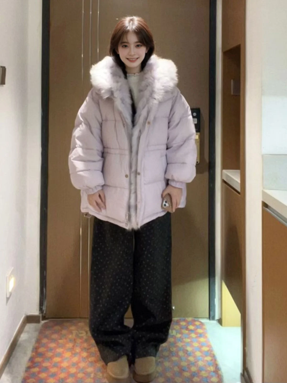 

Korean Sle Women's Thiened Fce Lined Cotton Jaet Spring New Arrival Ele Large Fur Collar Cotton Coat Zipper Closure