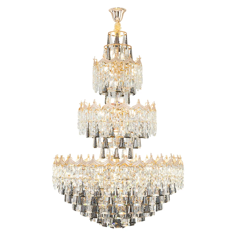 دوبلكس الثريا الأوروبية الفاخرة فيلا غرفة المعيشة الكريستال ضوء الفاخرة فندق قاعة مصابيح جوفاء طويل القامة نجف يُعلق بالسقف