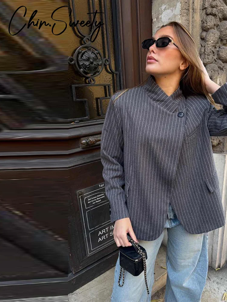 

Повседневный полосатый женский пиджак в городскую шнуровке с длинным рукавом и отложным воротником, женские пальто с искусственными карманами, весна-осень 2021, женская верхняя одежда