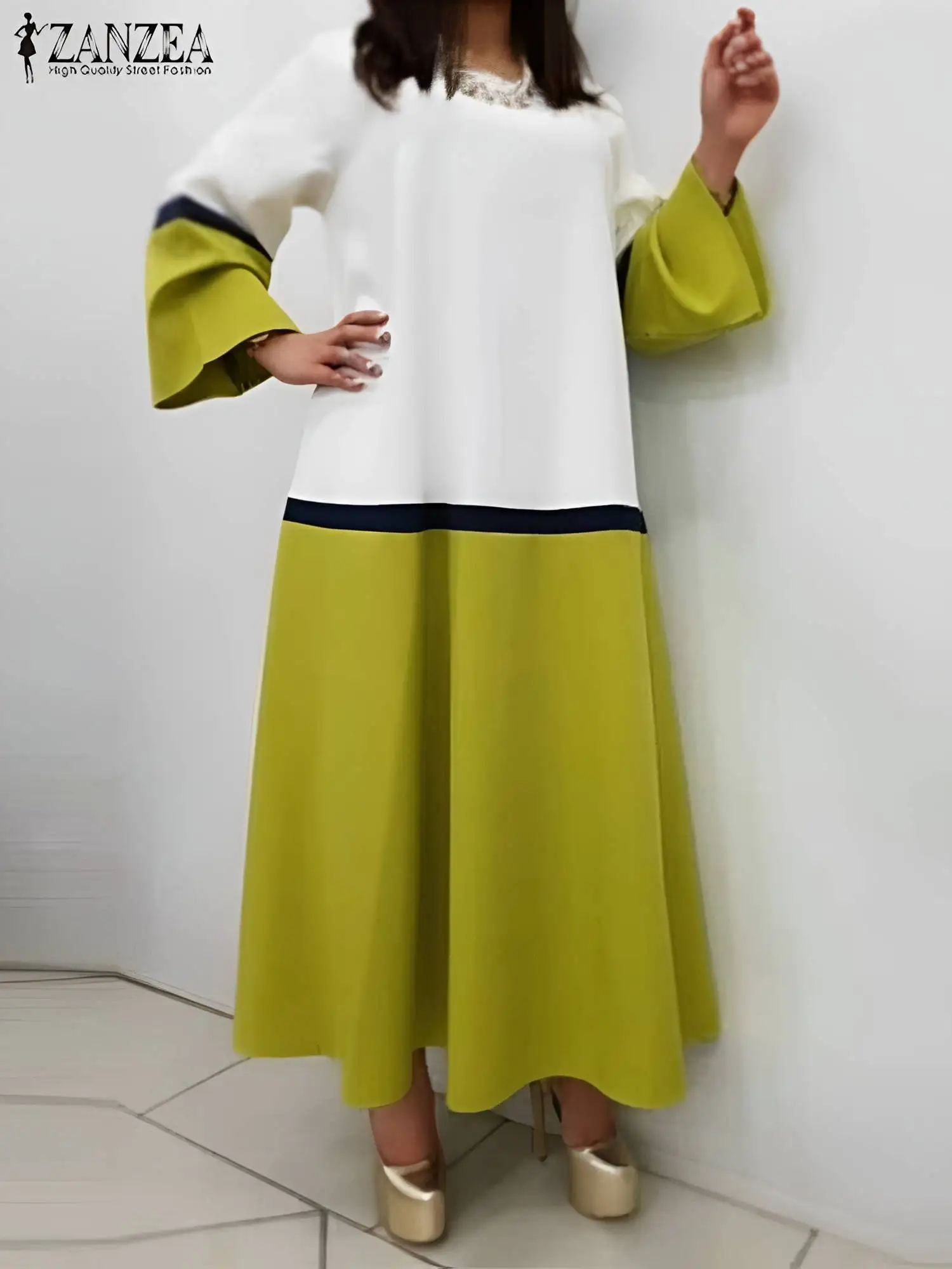 Women O-neck Loose Sundress ZANZEA Fashion Colorblock Maxi Dress 2024 Spring Long Sleeve Patchwork Robe Casual Beach Dresses