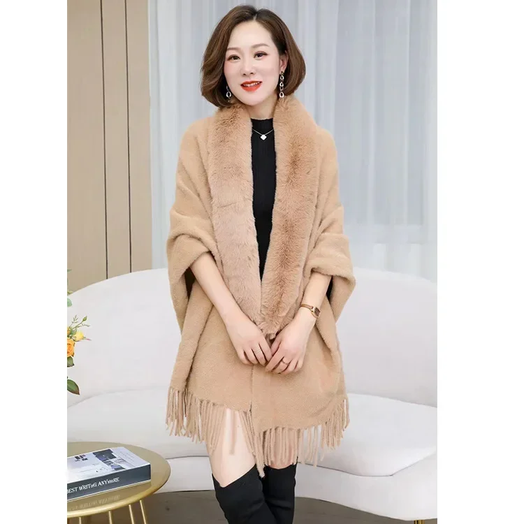 ฤดูหนาวเลียนแบบ Sable ถักผ้าคลุมไหล่เลียนแบบ Rex กระต่าย Cape Fur Collar Poncho แฟชั่น Upscale Capes สีกากีเสื้อคลุม