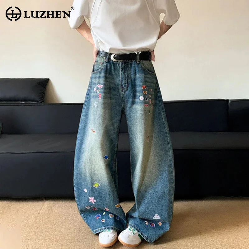 

LUZHEN Geometric Pattern Patchwork Baggy Gradient Washed Wide Leg Denim Pants Men 2025 New High Quality Street Wear Jeans JY3069