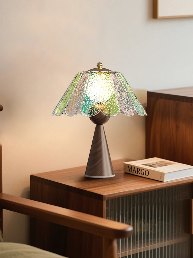 مصباح طاولة فرنسي عتيق - ضوء محيط زجاجي ملون عتيق، ضوء ليلي فاخر مزخرف لغرفة النوم بجانب السرير
