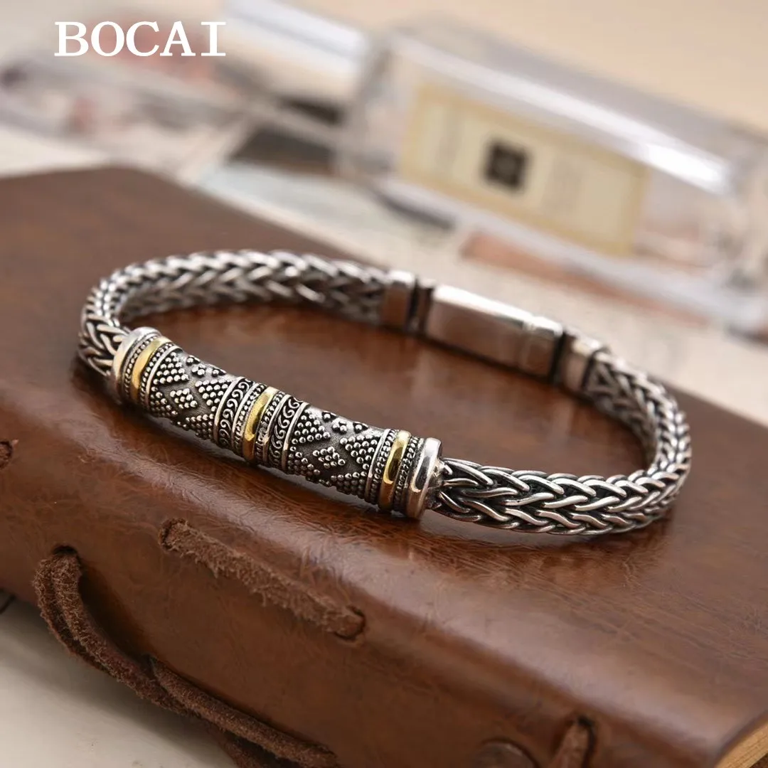 BOCAI New S925 Sterling Silver Retro Personalized Contrasting Colors Dotted Willow Nail Pattern Woven Bracelet Men's Gift